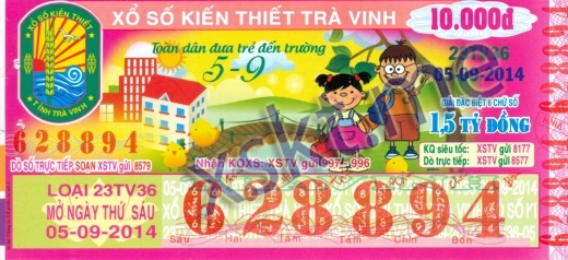 Mẫu vé sô xổ số Trà Vinh ngày 5/9/2014