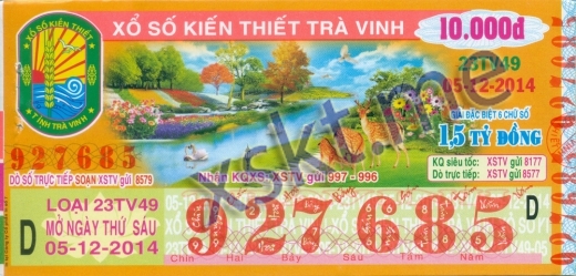 Mẫu vé sô xổ số Trà Vinh ngày 5/12/2014