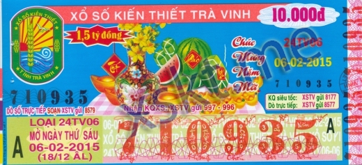 Mẫu vé sô xổ số Trà Vinh ngày 6/2/2015