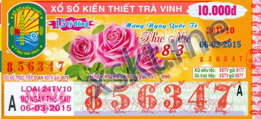 Mẫu vé sô xổ số Trà Vinh ngày 6/3/2015