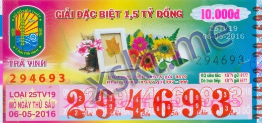 Mẫu vé sô xổ số Trà Vinh ngày 6/5/2016