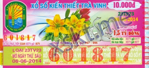 Mẫu vé sô xổ số Trà Vinh ngày 6/6/2014