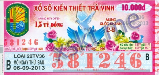 Mẫu vé sô xổ số Trà Vinh ngày 6/9/2013