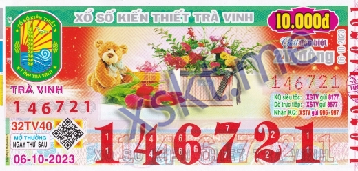 Mẫu vé sô xổ số Trà Vinh ngày 6/10/2023