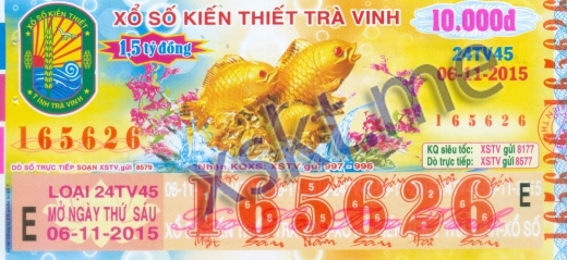 Mẫu vé sô xổ số Trà Vinh ngày 6/11/2015