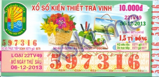 Mẫu vé sô xổ số Trà Vinh ngày 6/12/2013
