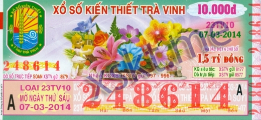 Mẫu vé sô xổ số Trà Vinh ngày 7/3/2014