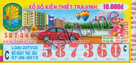 Mẫu vé sô xổ số Trà Vinh ngày 7/6/2013