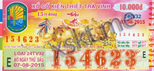 Mẫu vé sô xổ số Trà Vinh ngày 7/8/2015