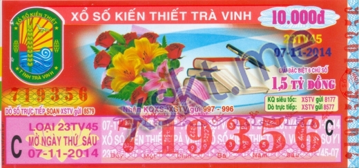 Mẫu vé sô xổ số Trà Vinh ngày 7/11/2014