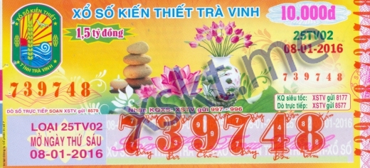 Mẫu vé sô xổ số Trà Vinh ngày 8/1/2016