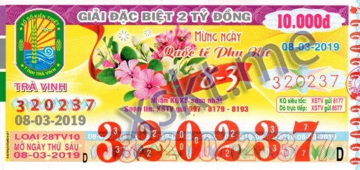 Mẫu vé sô xổ số Trà Vinh ngày 8/3/2019