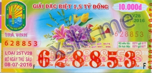 Mẫu vé sô xổ số Trà Vinh ngày 8/7/2016