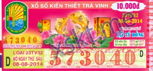 Mẫu vé sô xổ số Trà Vinh ngày 8/8/2014