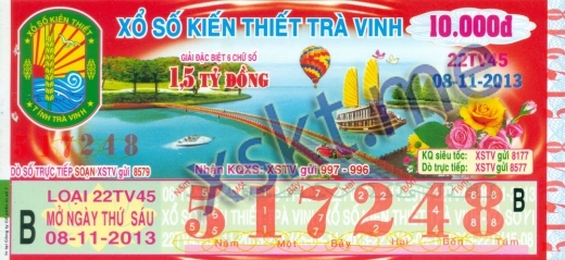 Mẫu vé sô xổ số Trà Vinh ngày 8/11/2013