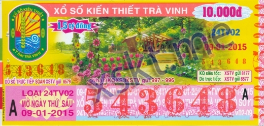 Mẫu vé sô xổ số Trà Vinh ngày 9/1/2015