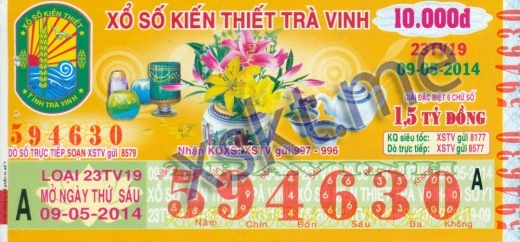 Mẫu vé sô xổ số Trà Vinh ngày 9/5/2014