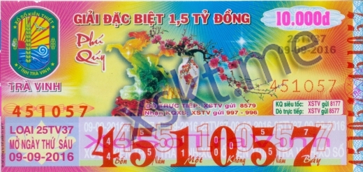 Mẫu vé sô xổ số Trà Vinh ngày 9/9/2016