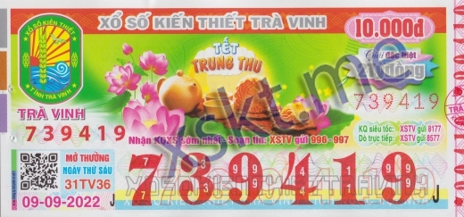 Mẫu vé sô xổ số Trà Vinh ngày 9/9/2022