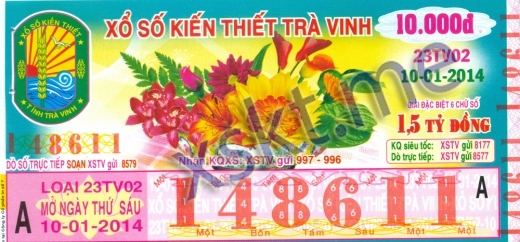 Mẫu vé sô xổ số Trà Vinh ngày 10/1/2014