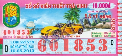 Mẫu vé sô xổ số Trà Vinh ngày 10/5/2013