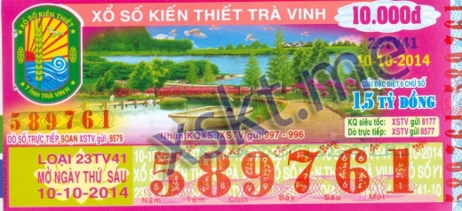 Mẫu vé sô xổ số Trà Vinh ngày 10/10/2014