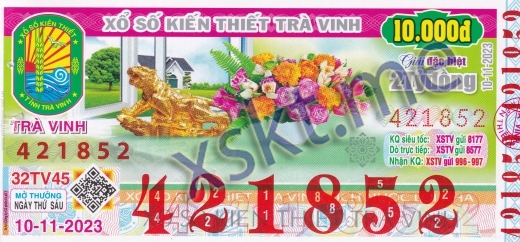 Mẫu vé sô xổ số Trà Vinh ngày 10/11/2023