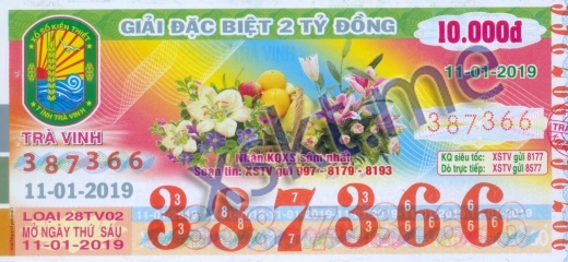 Mẫu vé sô xổ số Trà Vinh ngày 11/1/2019