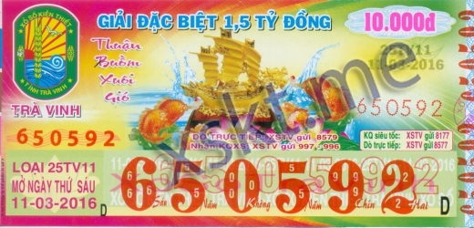 Mẫu vé sô xổ số Trà Vinh ngày 11/3/2016