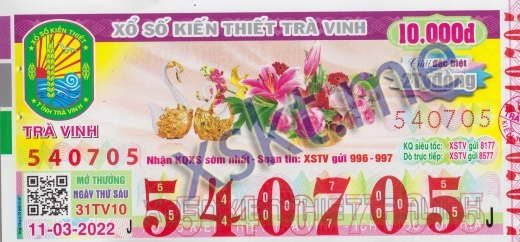 Mẫu vé sô xổ số Trà Vinh ngày 11/3/2022