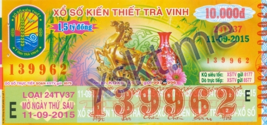 Mẫu vé sô xổ số Trà Vinh ngày 11/9/2015