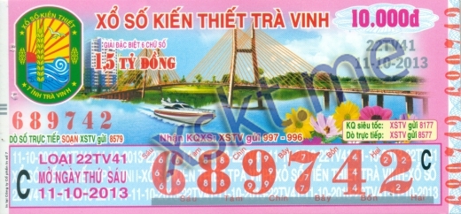 Mẫu vé sô xổ số Trà Vinh ngày 11/10/2013