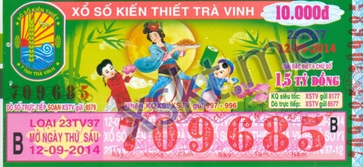Mẫu vé sô xổ số Trà Vinh ngày 12/9/2014