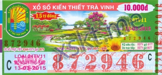Mẫu vé sô xổ số Trà Vinh ngày 13/3/2015