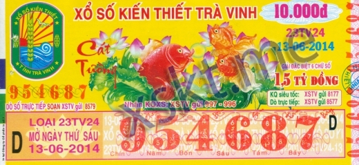 Mẫu vé sô xổ số Trà Vinh ngày 13/6/2014