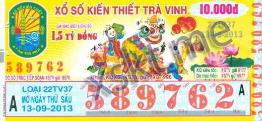 Mẫu vé sô xổ số Trà Vinh ngày 13/9/2013