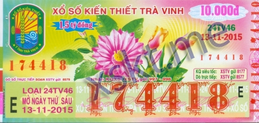 Mẫu vé sô xổ số Trà Vinh ngày 13/11/2015