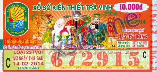 Mẫu vé sô xổ số Trà Vinh ngày 14/2/2014