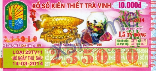 Mẫu vé sô xổ số Trà Vinh ngày 14/3/2014