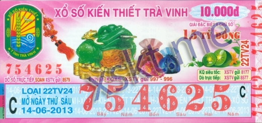Mẫu vé sô xổ số Trà Vinh ngày 14/6/2013