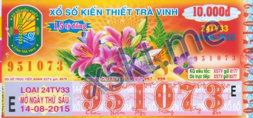Mẫu vé sô xổ số Trà Vinh ngày 14/8/2015