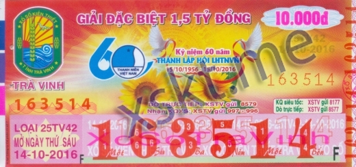 Mẫu vé sô xổ số Trà Vinh ngày 14/10/2016