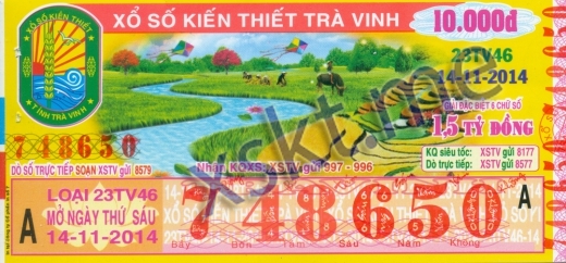 Mẫu vé sô xổ số Trà Vinh ngày 14/11/2014