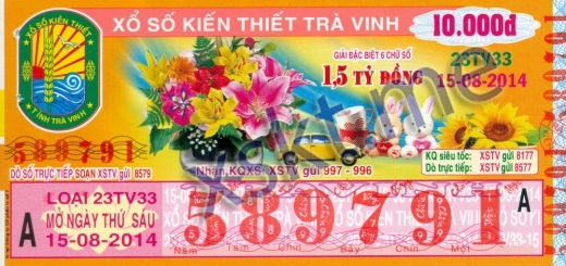 Mẫu vé sô xổ số Trà Vinh ngày 15/8/2014