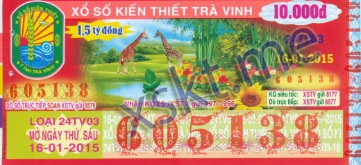 Mẫu vé sô xổ số Trà Vinh ngày 16/1/2015