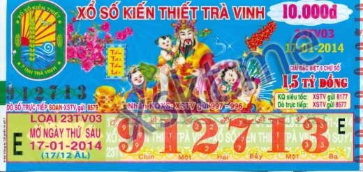 Mẫu vé sô xổ số Trà Vinh ngày 17/1/2014
