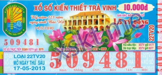 Mẫu vé sô xổ số Trà Vinh ngày 17/5/2013