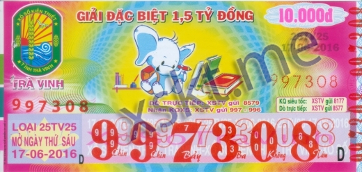 Mẫu vé sô xổ số Trà Vinh ngày 17/6/2016