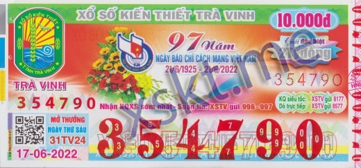 Mẫu vé sô xổ số Trà Vinh ngày 17/6/2022