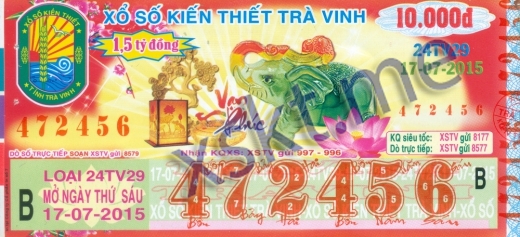 Mẫu vé sô xổ số Trà Vinh ngày 17/7/2015